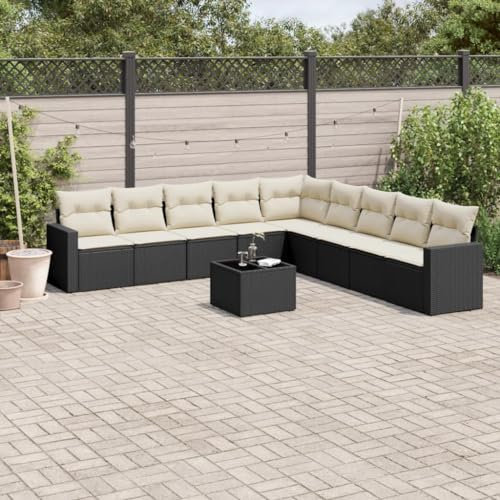 ULUYYUC 10-TLG. Garten-Sofagarnitur, Gartenstühle Gästebett Gartenmöbel Set Eckbankgruppe Geeignet für Garten Außenbereich Hinterhof Balkon mit Kissen Schwarz Poly Rattan