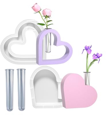 Xidmold 2 Stück Herzförmig Vase Silikonform Silikon, Blumenvase Epoxidharz Pflanzgefäß Gießformen mit 2 Reagenzgläsern, für Hydrokulturpflanzen, Hydroponik Pflanzen Stecklinge