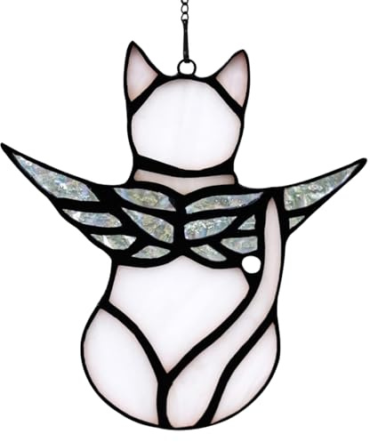 HOUSEEN Angel Cat Memorial Present Ornaments, Stained Glass Window Hanging Decorations for Cat Lovers, Angel Wings Cat Suncatcher Decor, Pet Memorial Sympathy Present Statue (white)