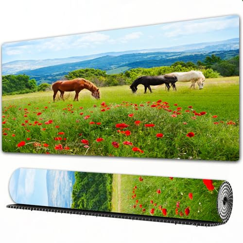 EOMKSE Mauspad Verlängertes großes Mauspad Schreibtischauflage,genähte Kanten Mauspad,Gummibasis,Tierdekorationen, Verschiedene Arten von Pferden, die Gras fressen, auf dem Fe,Gaming-Mauspad,30x80 cm