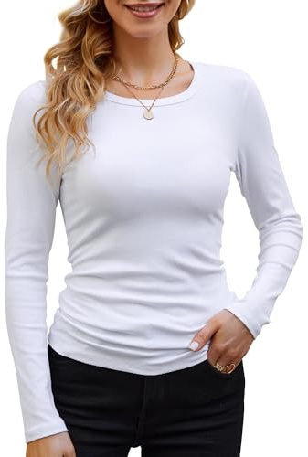DUOEASE Langarmshirt Mit Rippenbündchen Damen Weiß Rundhal Pullover Elegant Oberteile Gerippt Tshirts Basic Tops Medium