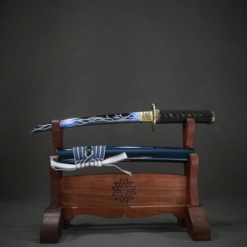 Wakizashi samouraï de 55 cm de long avec fourreau, acier au manganèse 1065, artisanat bleui avec motif flash, épée d'entraînement japonaise, épée courte faite à la main, pour kendo, cadeaux