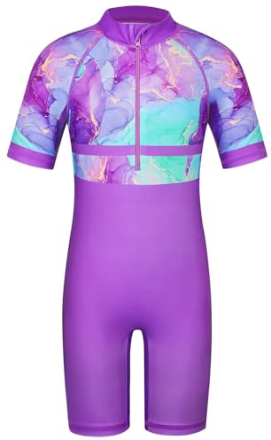 HUAANIUE Traje de baño largo para niñas, 1 pieza, traje de baño UPF 50+ UV con cremallera 4-12 años, ropa deportiva de natación de verano, 19 Traje de baño de manga corta púrpura, 11-12 años
