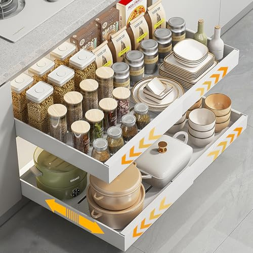 Vefacion Erweiterbarer Teleskopschublade Schubladen Organizer Küche Ausziehbarer Schrank Organizer Einstellbare Breite 32-52 cm Kein Bohren oder Nageln erforderlich