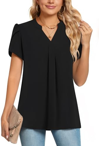 POPYOUNG Womens Summer Casual Chiffon Petal Sleeves Office Blouses V Neck Business Tops Work Shirts 2XL, Black