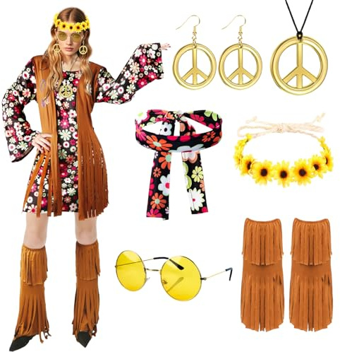 7PCS Hippie Kostüm Damen, 60er 70er Jahre Outfit Damen, Hippie Stirnband Haarband Brille Halskette Ohrringe, Disco Outfit Hippie Accessoires Damen, Faschingskostüme Damen Kleid für Karneval Party