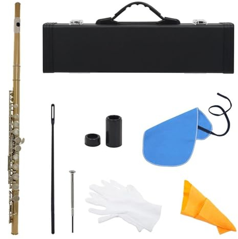 Querflöte Anfänger 16 Geschlossene Löcher Flöte C-Taste Kupfernickel Konzertflöte Querflöte Holzblasinstrument Mit Gehäuseteilen(Gold and Silver Key)