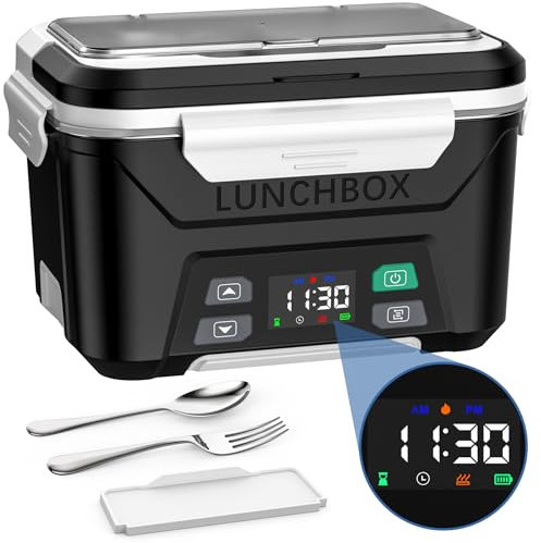 Docusvect Scaldavivande a Batteria Ricaricabile, Scaldavivande Elettrico Portatile con Timer, Porta Pranzo Riscaldabile Portatile 1,3L con Divisorio Removibile, Forchetta, Cucchiaio e Borsa Termica