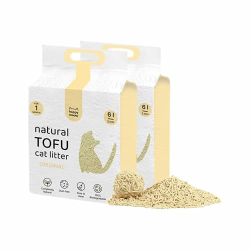 HAPPY MEOW Arena de Tofu para Gatos (12L / 5Kg) - Natural y Biodegradable - Aglomerante Instantáneo, Bajo en Polvo, Control de Olores Duradero, Ultra Absorbente, Desechable en el Inodoro (Vainilla)