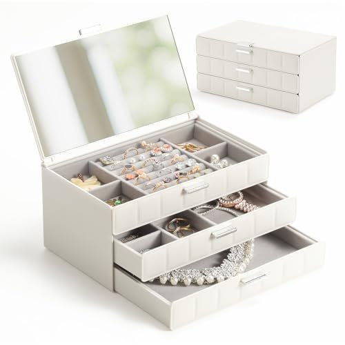 Schmuckkästchen Groß mit Spiegel, Schmuckbox 3 Ebenen, Schmuckschatulle Organizer mit Samtfutter, Wasserabweisend für Ringe, Ohrringe, Halsketten, Armbänder-Elegantes Geschenk für Frau & Mädchen, Weiß