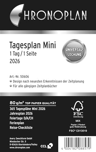 Chronoplan 50606 kalenderinlägg 2026 (dagsplan mini (79 x 125 mm), ersättningskalendarium för mötesplanerare, dagsplanerare, perfekt för detaljerad dagplanering, 1 dag på 1 sida, med universell hål