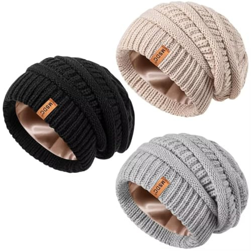 MSDC Satin Gefütterte Slouchy Mütze Damen Winter 3 Stück, Beanie Mütze Damen Herren Übergroß Warmer Strick Dick für Kaltes Wetter