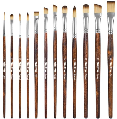 Nicpro 12 pinceaux d'artiste pour Peinture Acrylique, Huile, Aquarelle, Gouache, Tempera, Visage, Corps, Tissu, modèle, Fournitures d'art, pinceaux Peinture pour Artistes débutants (Bois)