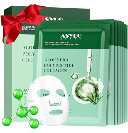 ASYBO Pack of 10 Collagen Face Masks, Aloe Vera Polypeptide Collagen Facial Masks Skincare, Moisturizing Facial Sheet Mask for Acne, After Sun, Claming, Anti-Aging and Anti-Wrinkle