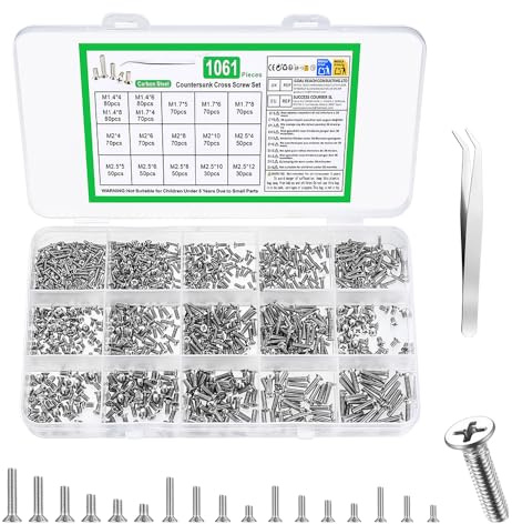 1061 Pcs Small Screws Set, Silvery Tiny Mini Machine Screws Assortment, Small Flat Head screws, Phillips Electronic screws Bolts for Watch PC Laptop Glasses
