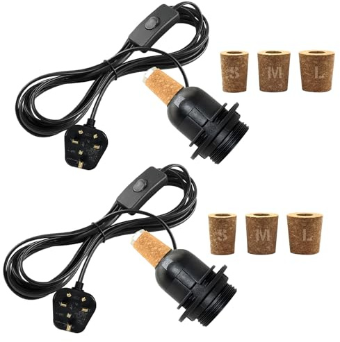 2 Packs Bottle Lamp Kit, 240CM Cable E27 Bulb Holder, Bottle Lamp Adaptor Kits with 3 Sizes of Stoppers, Light Fittings for Bottles, Table Lamp Kits Do It Yourself UK, DIY Lamps Making Kit, Black