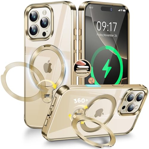 [CD-Metallring & Unsichtbarer 360° Drehständer] Magnetische Hülle für iPhone 16 Pro Max [Galvanisierter Stoßfester Bumper] [Kompatibel mit Magsafe]Dünne Durchsichtige Hülle mit Ständer – Gold