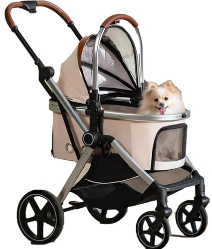 Haustier-Buggy Für Kleine Hunde, Hundebuggy Mit 360°-Rädern, Extragroßem Aufbewahrungskorb, Getränkehalter, Regenschutz