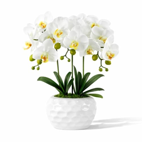 PlusFive Künstliche Orchideen im Topf - Weiße Phalaenopsis Kunstblumen aus Seide, Orchideen künstlich wie Echt für Innendekoration, Tischdekoration, Fensterbank Deko, Dekoration Wohnzimmer (47 cm)