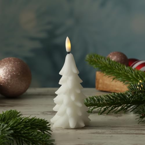 LED Kerze Tannenbaum Weihnachtsbaum Echtwachs inkl. Batterie Timer (Tannenbaum 16cm Weiß)