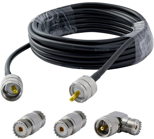 ACONRFTOL Set di cavi UHF radio PL259 connettore UHF su connettore UHF cavo RG58 5M con 3 adattatori da presa UHF SO239 su PL259 90° / SO239 per radio CB, radio Ham, dispositivi LAN wireless, cavo