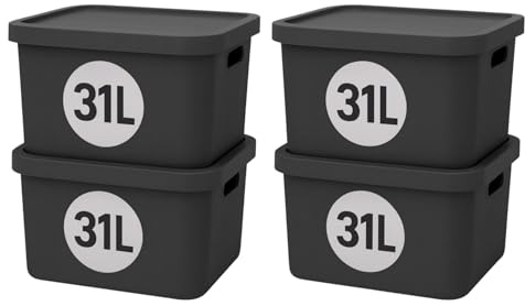 Plastard Aufbewahrungsbox mit Deckel 4er-Set 31 Liter in Anthrazit | BPA-Freie Ordnungsbox für Küche, Bad, Büro, Kinderzimmer, Robuste Stapelbare Kunststoffbox, 46 x 34 x 26 cm, Ordnungskiste