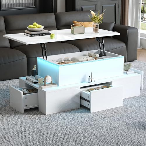 Coolfish Lift-Top Coffee Table, Highgloss Centre Table w/ 4 Drawers & LED Light, Lifting Sofa Side Table, Space-saving End Table, Tea Table, For Living Room Office 100 x 50 x 40 cm White