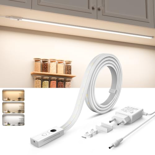 Lureshine Unterbauleuchte Küche LED Lichtleiste 120CM Handgesten Sensor | 3 Farbtemperatur Dimmbar, Selbstklebend Flexibel Silikon Strip Streifen, 24V Netzteil,Unterschrank Beleuchtung Küche,Schrank