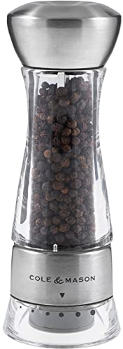 Cole & Mason H59301G Windermere Pepper Mill, Gourmet Precision+, Stainless Steel/Acrylic, 165 mm, Single, Includes 1 x Pepper Grinder
