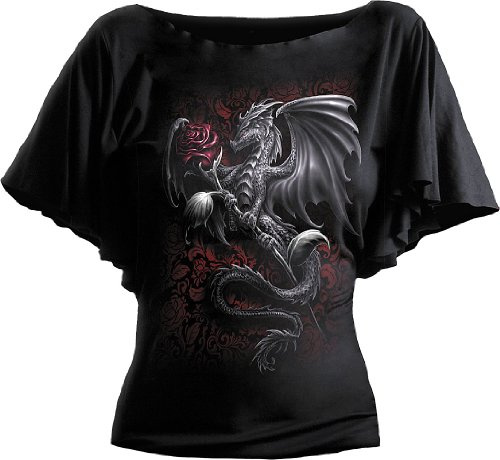 Spiral Direct Women's Dragon Rose - Boat Neck Bat Sleeve Top Black Regular Fit T - Shirt, Black (Black 001), 20 (Manufacturer Size:XL)