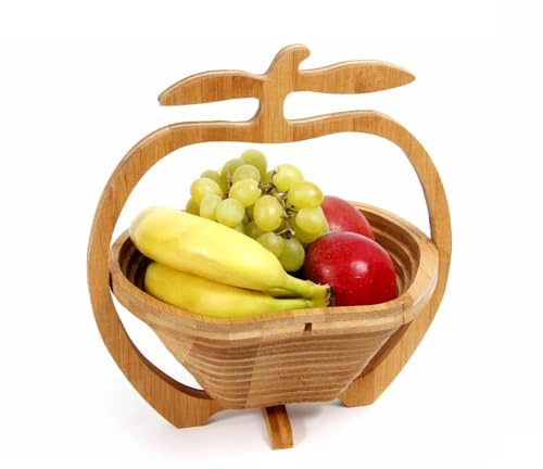 GMMH Obstkorb und Topfuntersetzer aus Bambus (Pflaume) Faltbare Obstschale, Korb Schale Klappkorb Faltkorb Dekoschale aus Holz, Faltbar und Schwenkbar