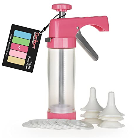 Cambom Clear Cookie Press Gun Kit with 16 Discs and 6 Icing Tips for DIY Biscuit Maker and Decoration Red