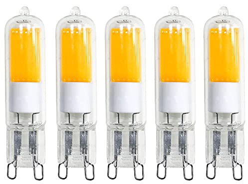 NCC-Licht 5x LED COB Lampe Stiftsockel G9 2W Warmweiß 2700K | LED Leuchtmittel Retrofit aus Glas ersetzt 20W Halogenlampe mit G9-Sockel, gemütliches Licht ideal für Wohnbereiche