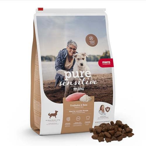 MERA Pure Sensitive Mini Truthahn & Reis, Hundefutter trocken für kleine und Sensible Hunde, Trockenfutter aus Truthahn und Reis, kleine Kroketten ohne Weizen und Zucker (1 kg)
