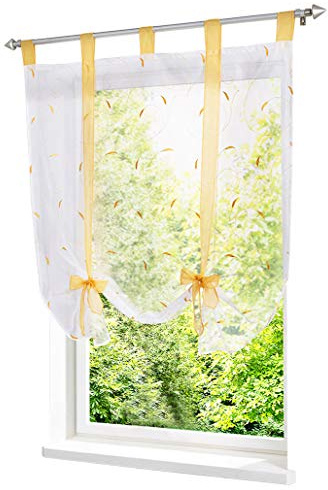 Raffrollo mit Stickerei Band Raffgardinen Voile Transparent Schlaufen Vorhang (BxH 100x140cm, Gelb)
