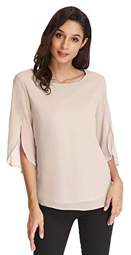 GRACE KARIN Donna Elegante Maglietta a Scollo Tondo Blusa Larga per Primavera Estate Beiga 2XL CLAF15-2