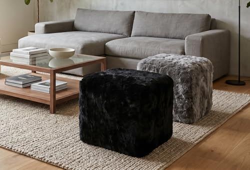 generisch Lammfell Hocker Ottomane Sitzwürfel Pouf aus Lammfell schwarz mit Holz Gestell 42 x 42 x 42 m
