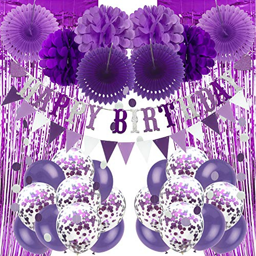 Recosis Geburtstags Dekorationen, Violett Party Dekorationen für Geburtstag Banner Vorhänge Papier Pompons und Fans Girlande Luftballons für Geburtstagsfeier Dekorationen