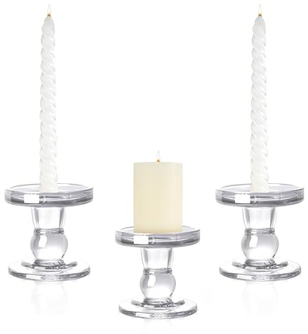 3pcs Glass Candle Holders for Pillar and Taper Candles, Clear Decorative Glass Candlestick Holder set for Wedding, Table Centrepieces, Home Decor (Clear)