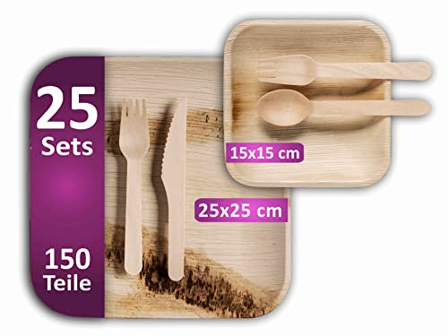 Waipur Platos Desechables de Hoja de Palma y Cubiertos de Madera - 25 Grandes y 25 de Postre, 50 Tenedores, 25 Cuchillos y 25 Cucharas - Vajilla Ecológica - Elegantes para Fiestas - similar al Bambu