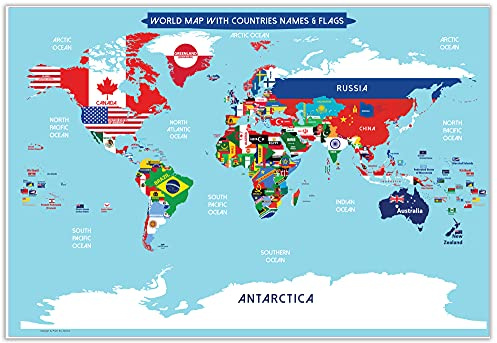 Póster de Mapa del Mundo Con Banderas de Países Para Niños - Tamaño Pequeño 13 x 19 Pulgadas, Laminado, Perfecto Para la Escuela o el Hogar