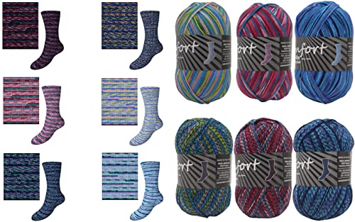 Sockenwolle Strumpfwolle Comfort Color 4-fädig - Farbset 6x100gr Sockengarn - 420m Lauflänge/100gr- mehrfarbiger bunter Farbverlauf Set 05