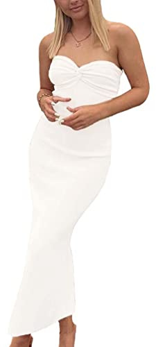 Sdencin Vestito Lungo a Tubino a Fascia Aderente in Maglia a Costine con Nodo a Torsione Sexy da Donna, Casual, Tinta Unita, Senza Spalline, Bianco, L