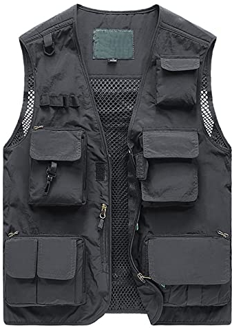 Mire Herren Angeln Weste Schnelltrocknend Gittergewebe Outdoor Camping Atmungsaktiv Fotografie Weste mit Multi-Taschen(Size:5XL,Color:Grau)