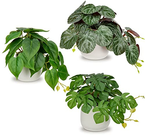 GnFlus Fake Plants Set of 3 Artificial Plants Faux Pothos with White Ceramic Pots Fake Potted Plants Artificial Decor for Home Bathroom Shelf Desk Indoor