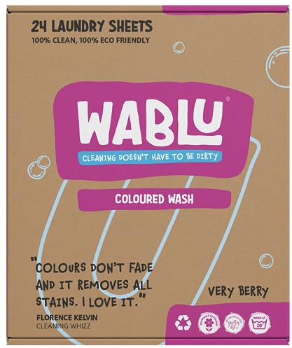 WABLU Coloured Wash Laundry Sheets | Lightly scented VERY BERRY | Concentrated Bio (with enzymes) | Sustainable alternative to liquids, capsules and powder | Travel Wash | 24 Washes