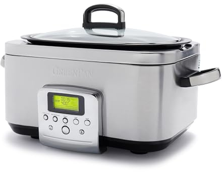 GreenPan Elite 8-in-1 Mijoteuse Programmable 6L, Couvercle et Plateau Amovible Lavable au Lave-Vaisselle, Céramique Non-Adhérente Saine Sans PFAS, Cuisson, Sauté, Panier Vapeur, Rôtissage, Inox