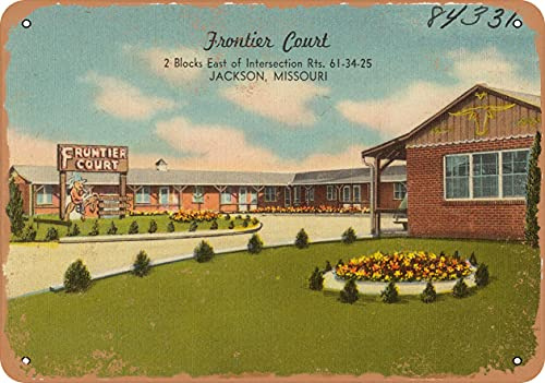 7 x 10 METAL SIGN - Missouri Postcard - Frontier Court, 2 blocks east of intersection Rts. 61-34 - 25, Jacks - Vintage Rusty Look