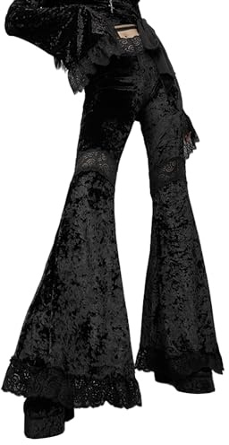 FEOYA Pantaloni Svasati in Velluto Pizzo Donna Leggings Gotici Vita Alta Pantaloni Flare Skinny Slim Fit Legging a Campana Zampa Punk Lunghi Nero M Gamba Larga con Fondo Largo Halloween