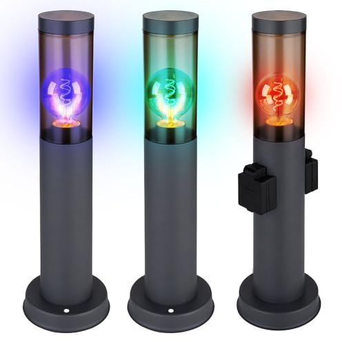 Stehleuchte mit Steckdose anthrazit Sockelleuchte Edelstahl Steckdosensäule mit Licht, rauch, Fernbedienung dimmbar, 1x RGB LED 8,5W 806Lm, DxH 7,6x45 cm, 3er Set